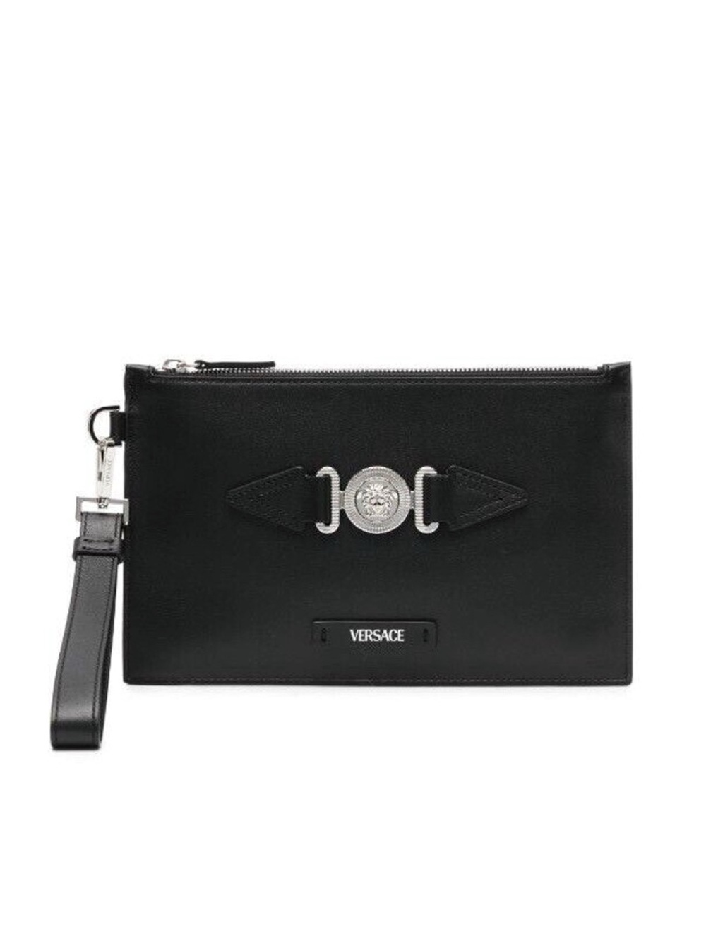NWT Versace Men Clutch Pouch Small Bag Silver Medusa Biggie Black Leather $775